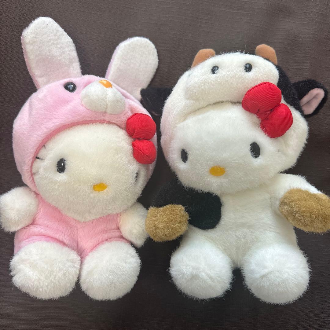 【希少】変身キティちゃん！うさぎ&牛ぬいぐるみ2点セット　被り物　着ぐるみキティ