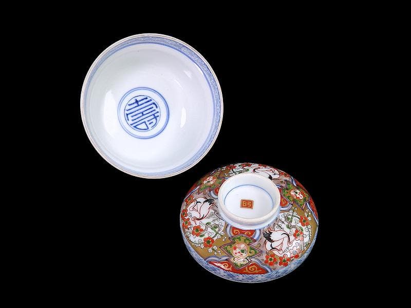 古伊万里　金襴手　双鶴に梅花の図　大振蓋茶碗　2客　D747AS-CHr