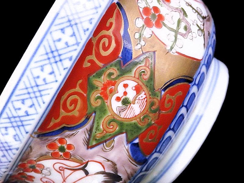 古伊万里　金襴手　双鶴に梅花の図　大振蓋茶碗　2客　D747AS-CHr