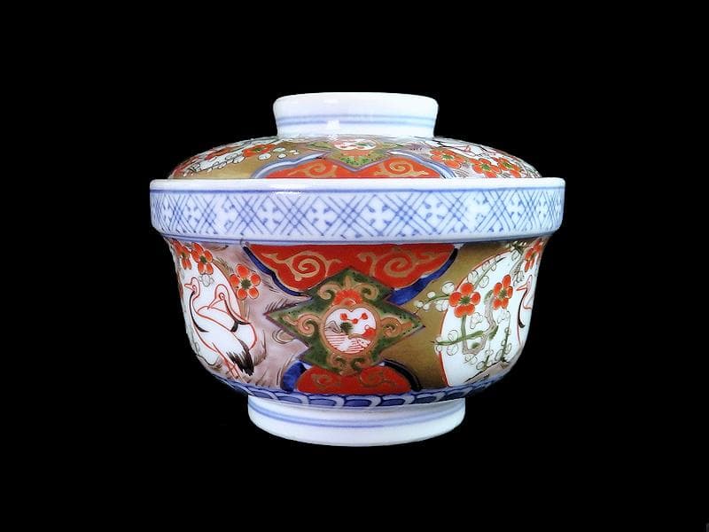 古伊万里　金襴手　双鶴に梅花の図　大振蓋茶碗　2客　D747AS-CHr