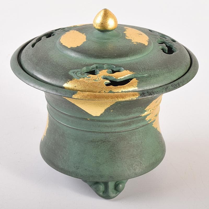 平安　秦蔵六造　塗金銅香炉　「瑞雲」　共箱　D　R7792