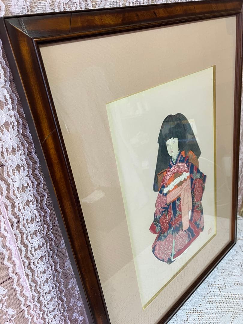 加山又造　木版画 日本人形 木製フレーム付き