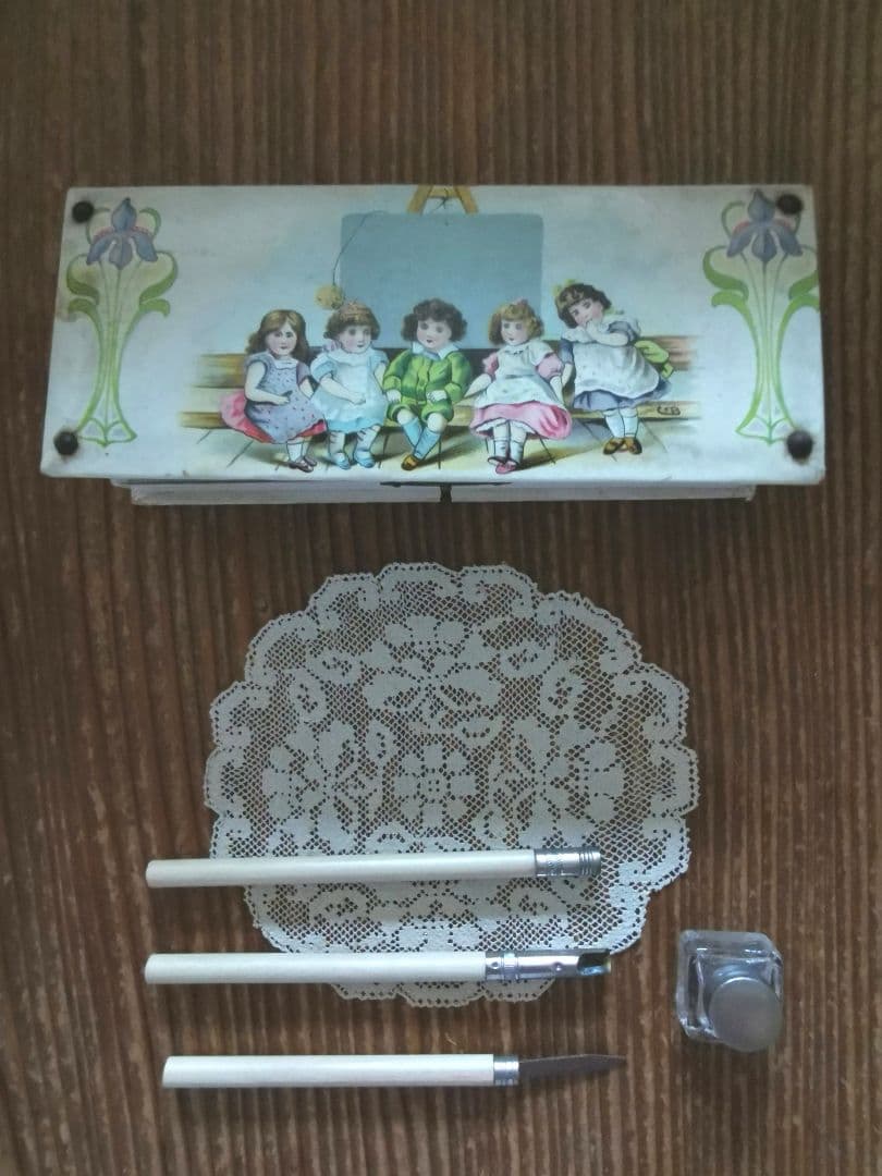 アンティークフランス インクペンケース 水色布張り少女イラスト パピエボックス