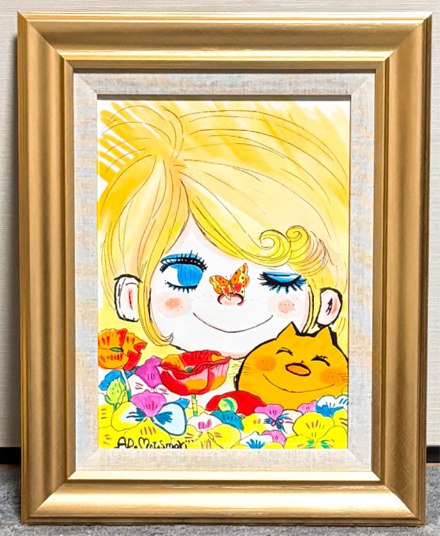 【F4号】手描き油彩　水森亜土　額縁　未使用額　サイン　人気作品　絵画　人気作家