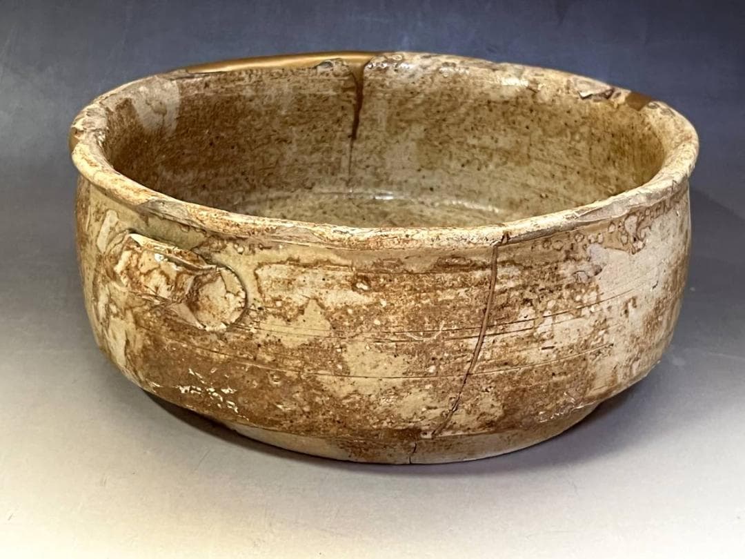 鉢■古黄瀬戸 時代物菓子鉢 金継ぎ直し有り 平鉢 耳付き(江戸期)骨董品 上物■