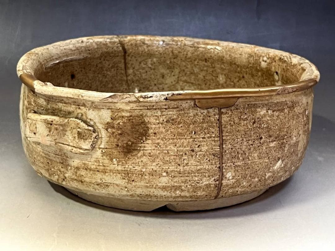 鉢■古黄瀬戸 時代物菓子鉢 金継ぎ直し有り 平鉢 耳付き(江戸期)骨董品 上物■