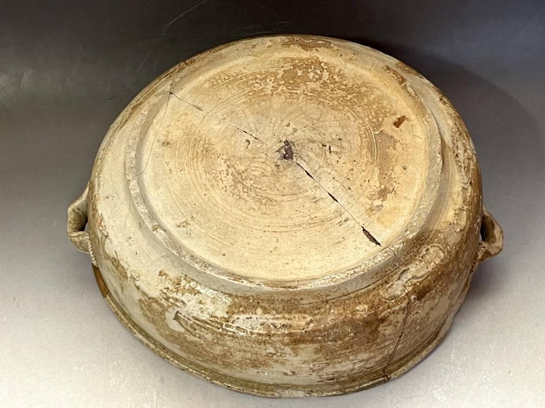 鉢■古黄瀬戸 時代物菓子鉢 金継ぎ直し有り 平鉢 耳付き(江戸期)骨董品 上物■