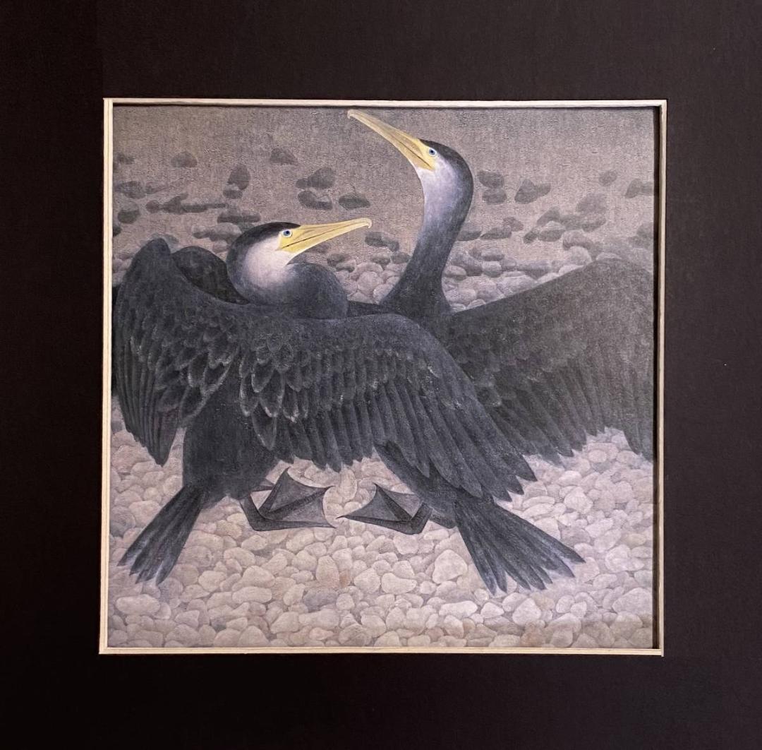 斎藤満栄、【鵜】、希少な額装用画集より、新品額装付、状態良好