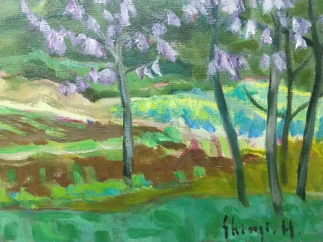 油絵「桐の花咲く妙義」B F8 絵画 油彩画 風景画 アート