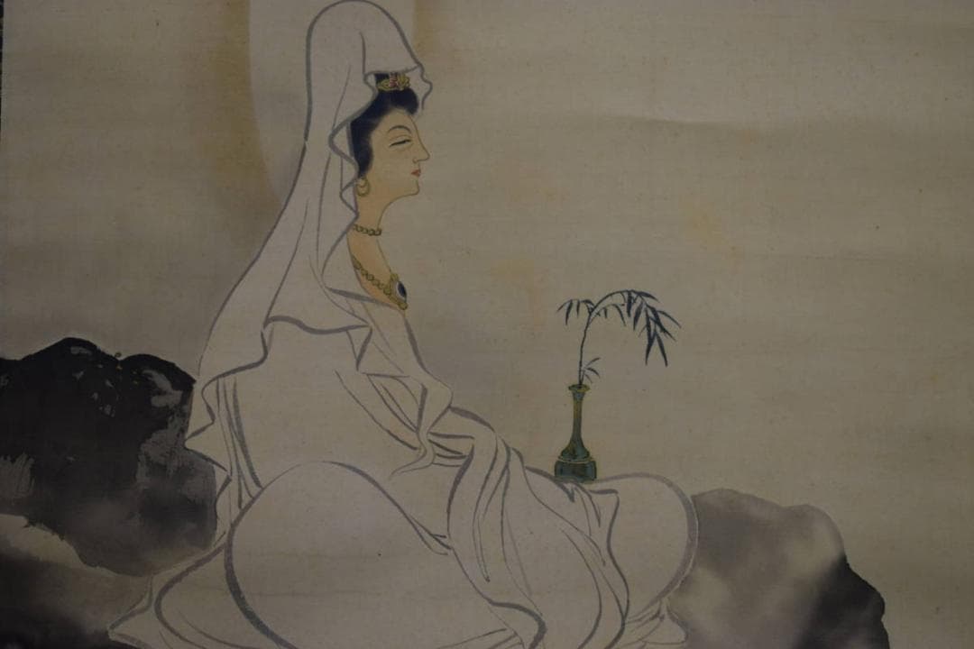 真作/楽也/楊柳観音/岩上観音図/布袋屋掛軸HH-400