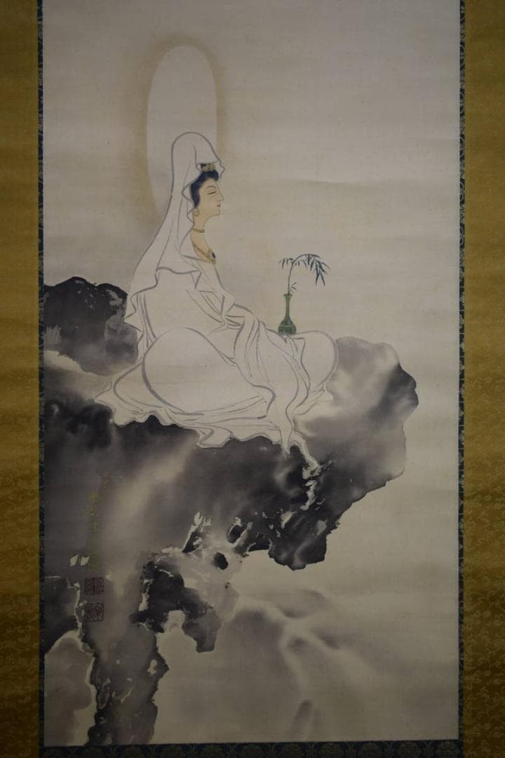 真作/楽也/楊柳観音/岩上観音図/布袋屋掛軸HH-400