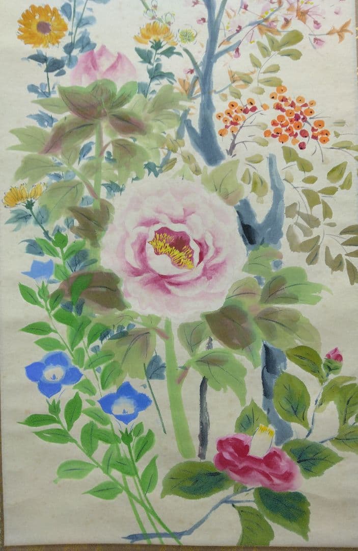 杉原元人【四季芽花之図】紙本　掛軸　共箱