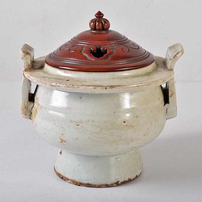 朝鮮美術　李朝　白磁　双耳香炉　唐木蓋付　U　R8373