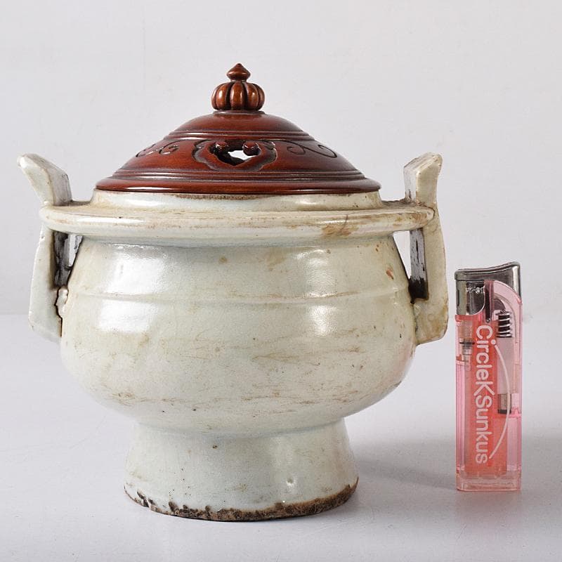 朝鮮美術　李朝　白磁　双耳香炉　唐木蓋付　U　R8373
