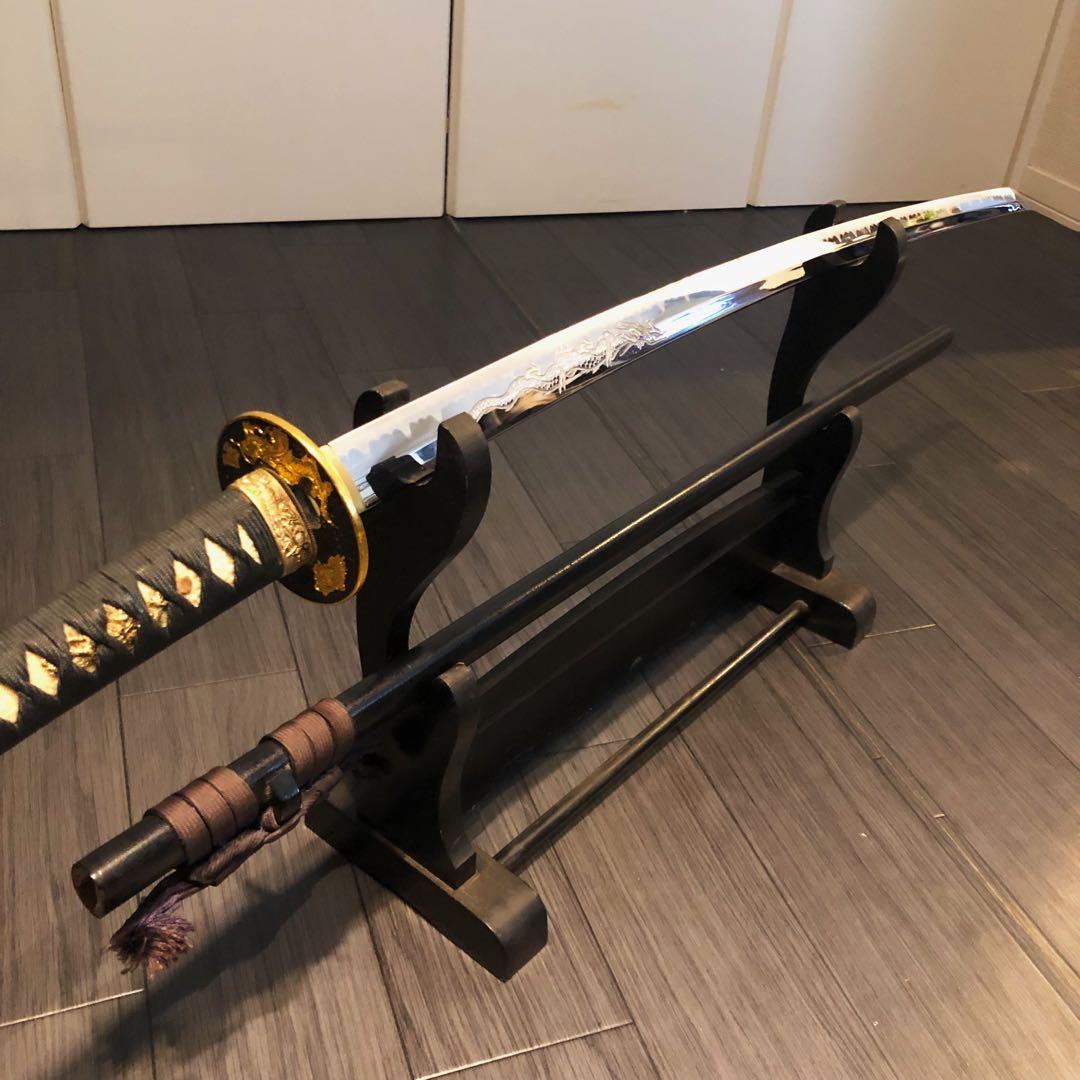 高級模造刀 昇竜彫刻　全長104cm 緑金拵え