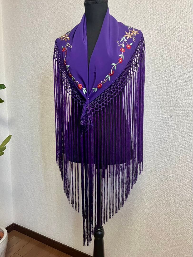 フラメンコ　刺繍シージョ　パープルx赤系刺繍　ロングフレコ