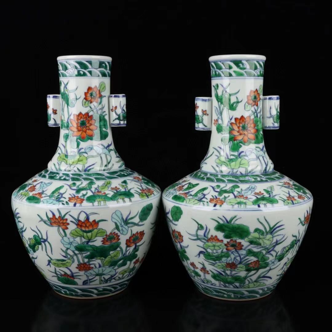 中国古美術✦清乾隆紋・青花斗彩・荷花紋・貫耳瓶セット✦花瓶・文房具・陶芸・観賞瓶