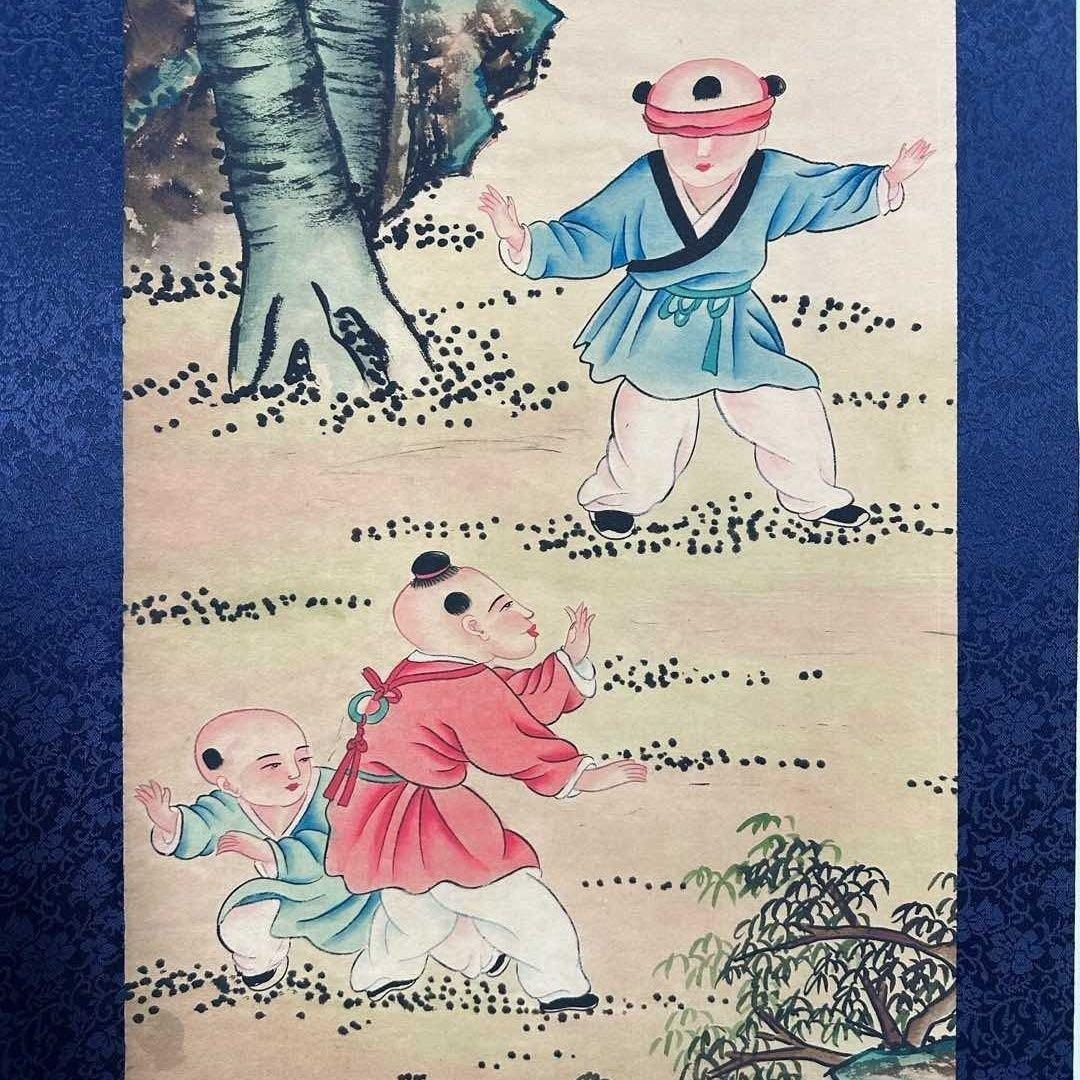 唐寅 童戏図 四条屏 掛け軸セット 証書付き／宣紙／装裱済み／中国美術