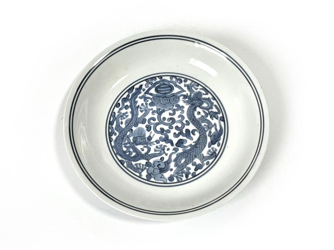 古伊万里　染付　双龍図　竜図　花唐草　皿　古染付　青花　アンティーク　骨董　辰年