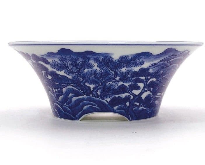 すさまじい筆致！染付山水図丸鉢 /盆栽/小品盆栽/盆栽鉢/植木鉢/谷樂方山