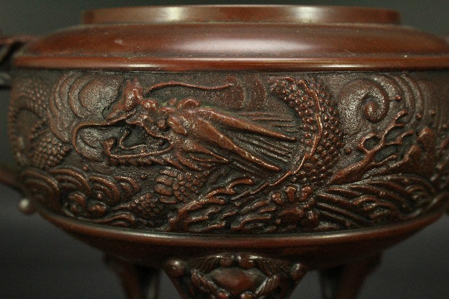 銅 獅子蓋 香炉 在銘 高22cm(LC535)