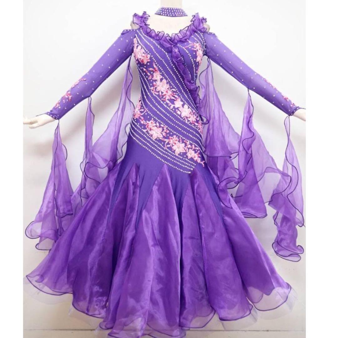 B1456★美品★紫/ピンク花/刺繍/ワンピース/スタンダードドレス☆社交ダンス