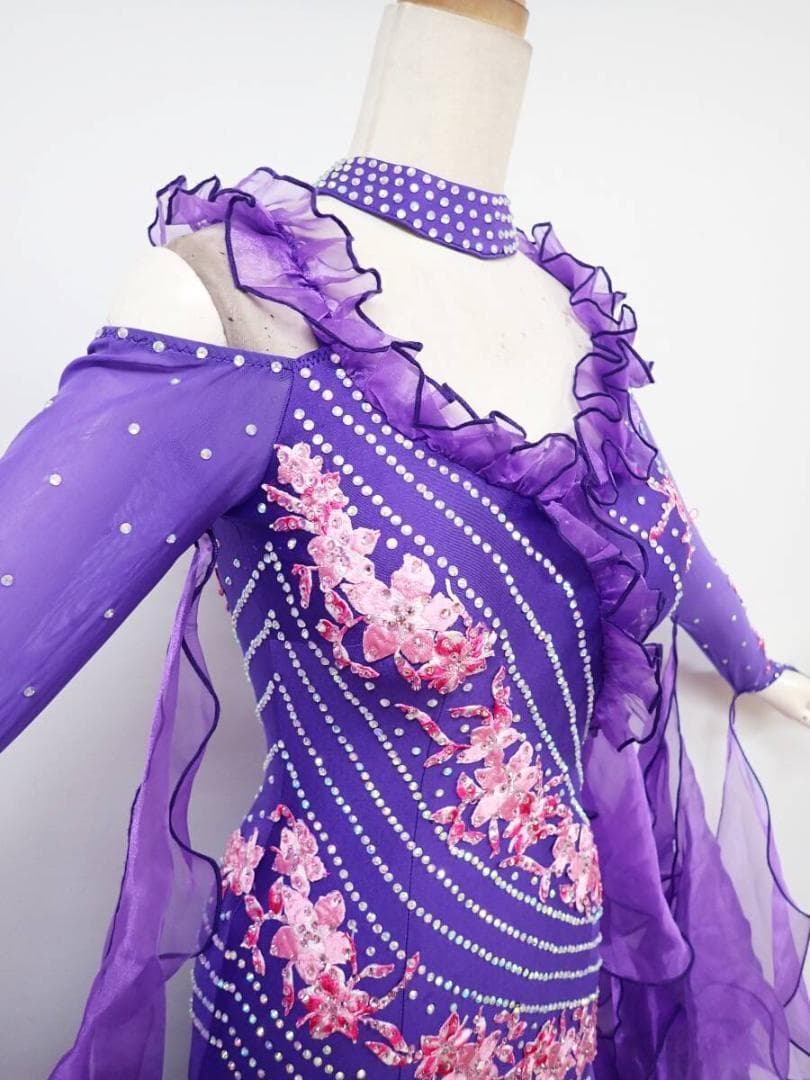 B1456★美品★紫/ピンク花/刺繍/ワンピース/スタンダードドレス☆社交ダンス