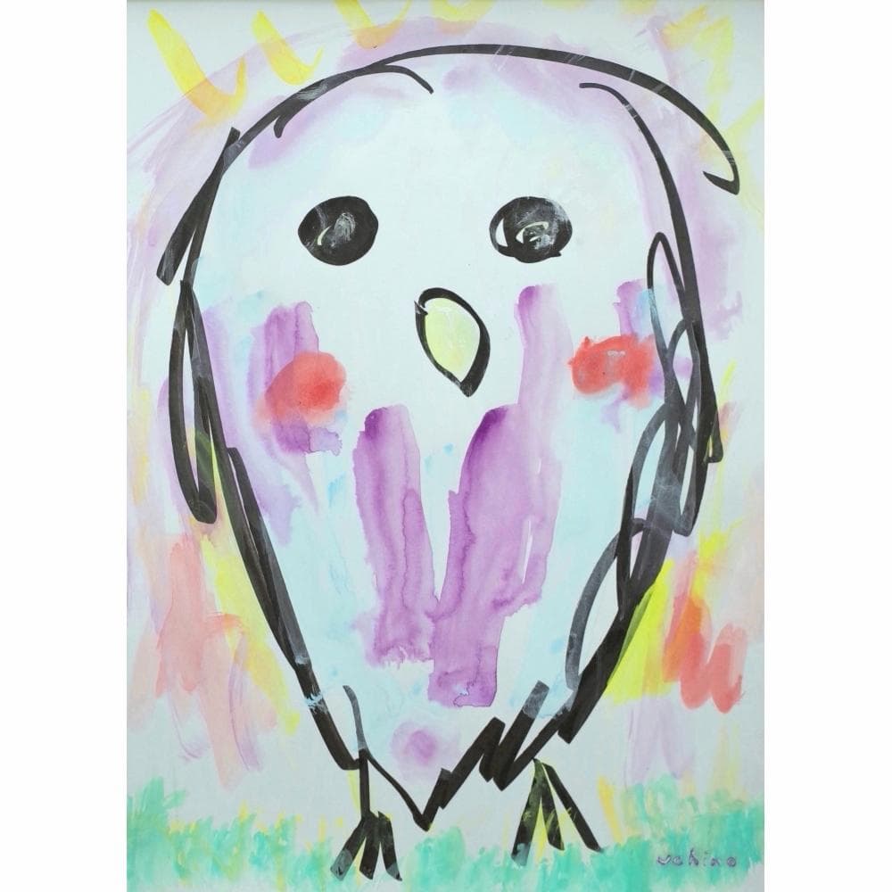 内野隆文　午後のフクロウ　絵画　ドローイング　イラスト　梟　アクリル　額付　真作