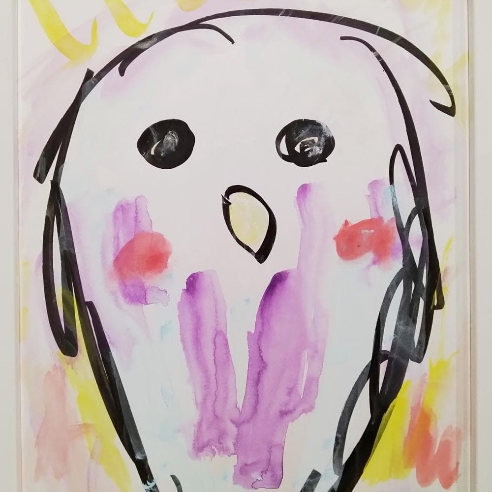 内野隆文　午後のフクロウ　絵画　ドローイング　イラスト　梟　アクリル　額付　真作