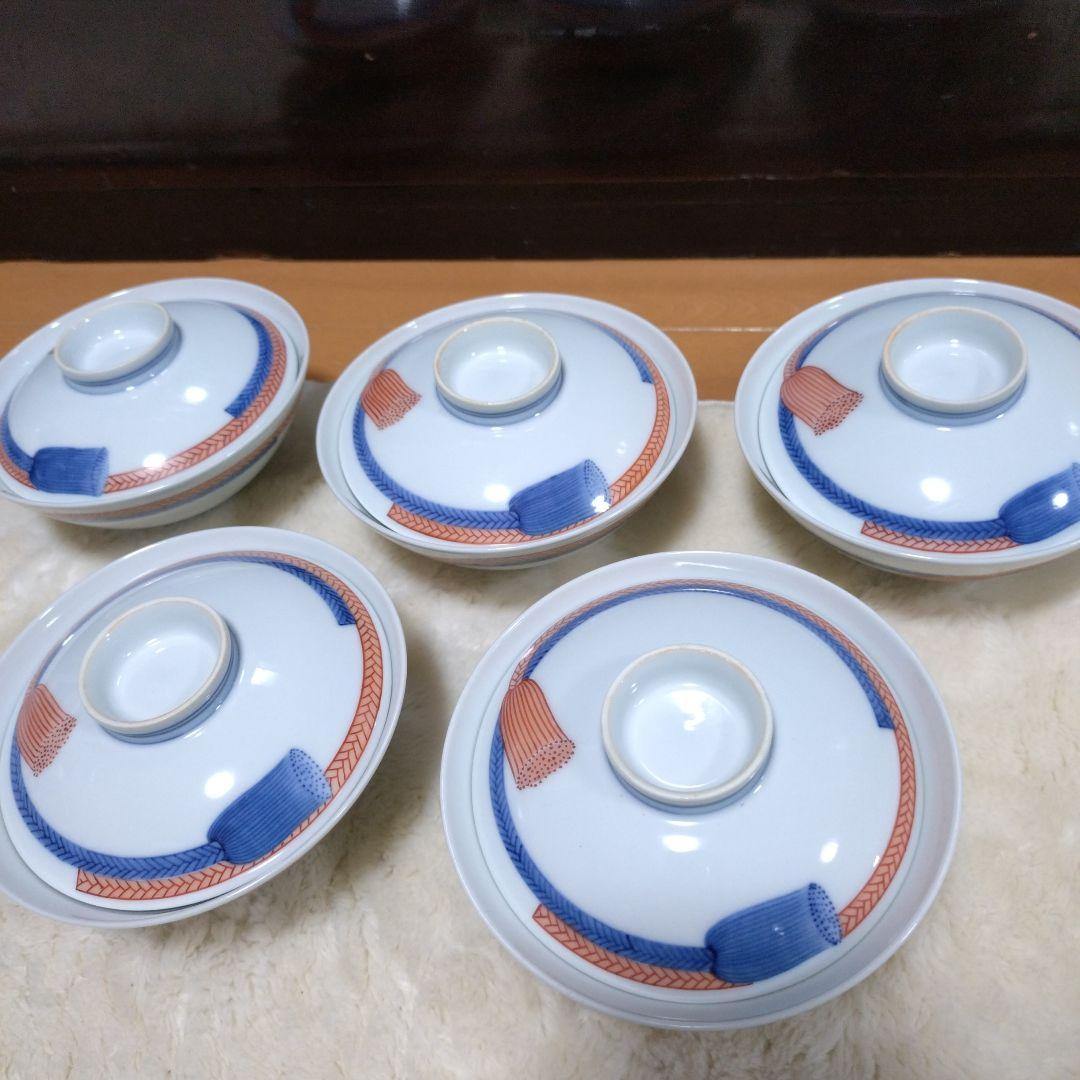 人間国宝　【13代今泉今右衛門】錦　紐(ひも)の絵　蓋付茶碗　5つ揃い