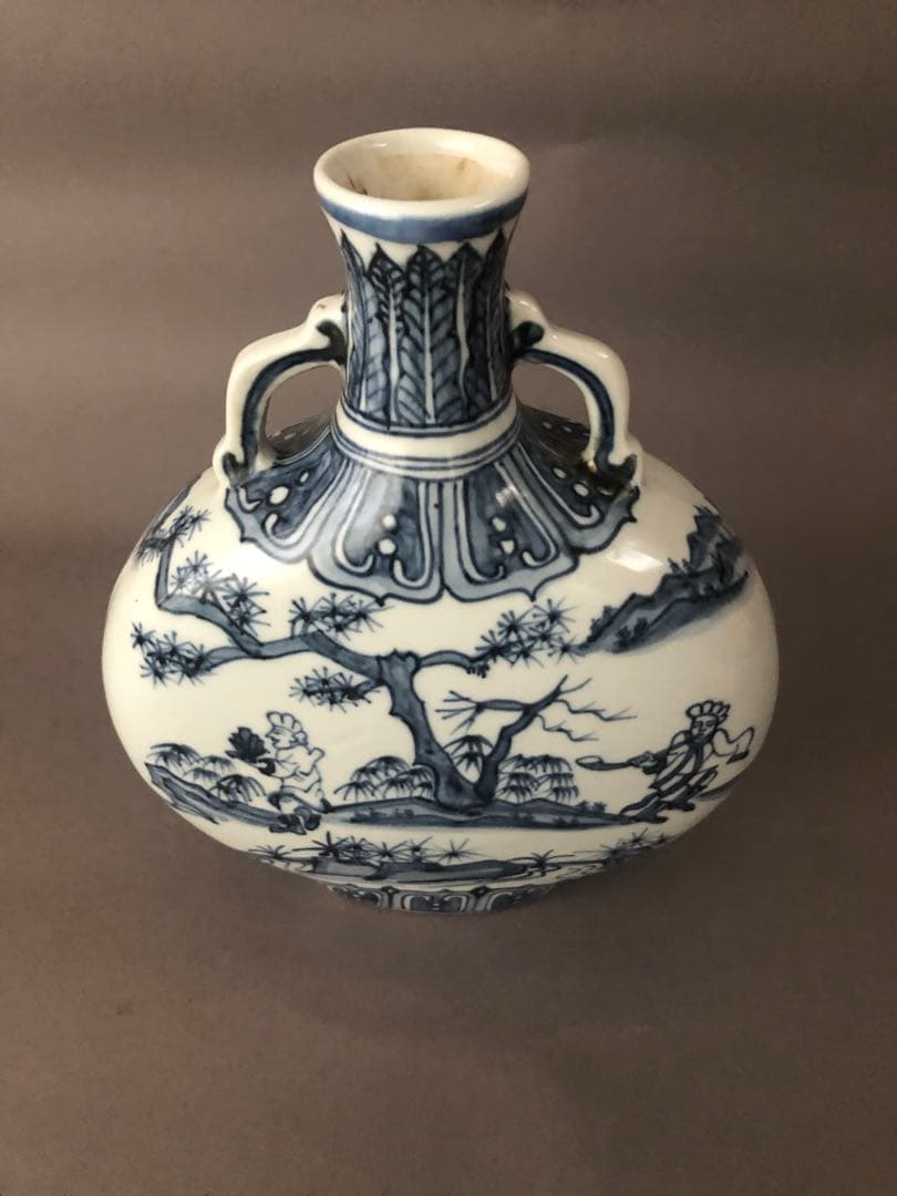 中国骨董古美術　染付 青花唐人景紋 扁壺 アンティーク