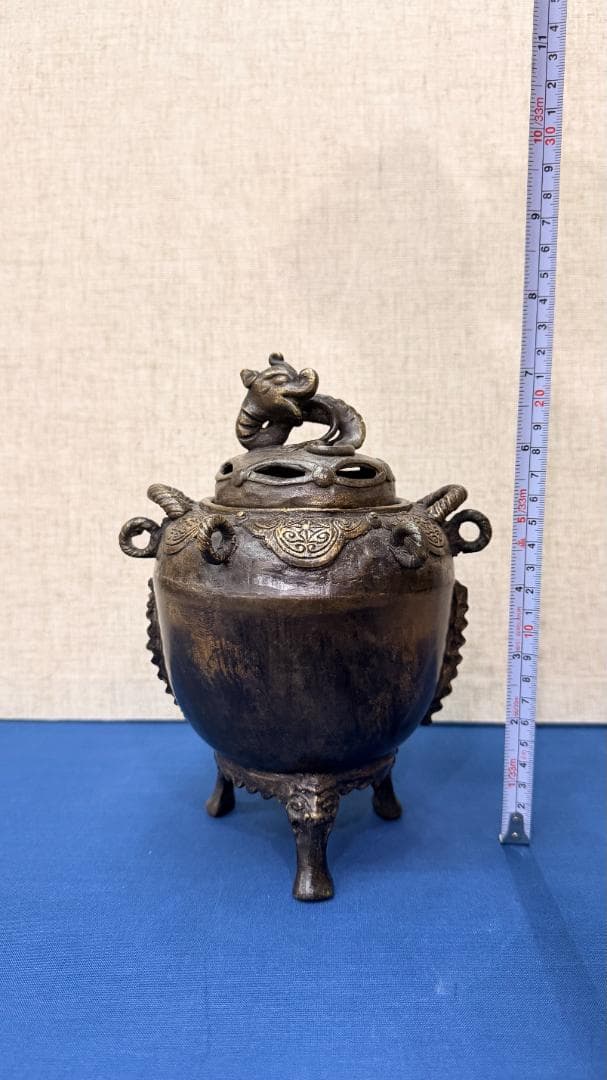 龍装飾の青銅香炉／鋳物工芸／古色仕上げ雅趣ある佇まい 仏具 高さ21 × 幅14