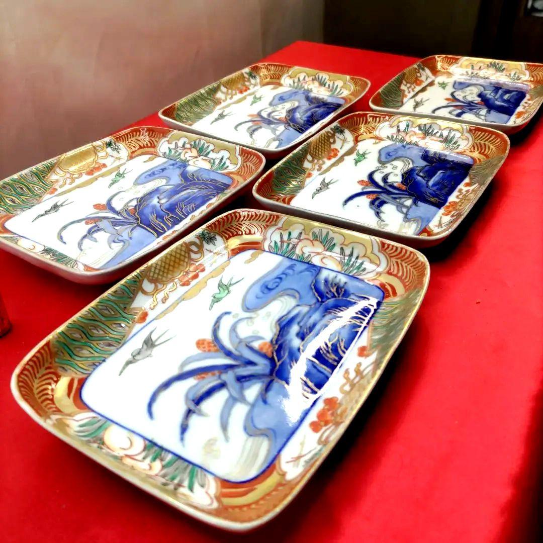 有田焼　伊万里焼　古伊万里　金彩　色絵　小皿　角皿　長角皿　5客セット