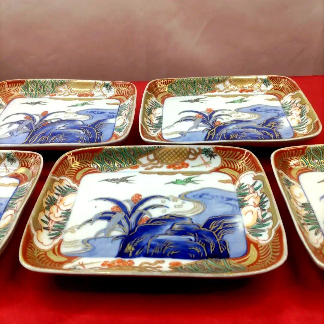 有田焼　伊万里焼　古伊万里　金彩　色絵　小皿　角皿　長角皿　5客セット