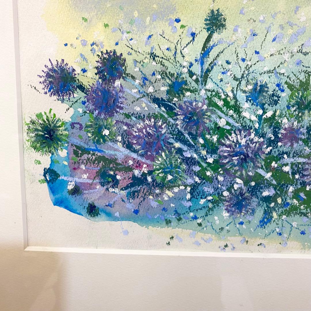 石井清 瑠璃玉アザミ パステル画 あざみ 額縁付き サイン入り