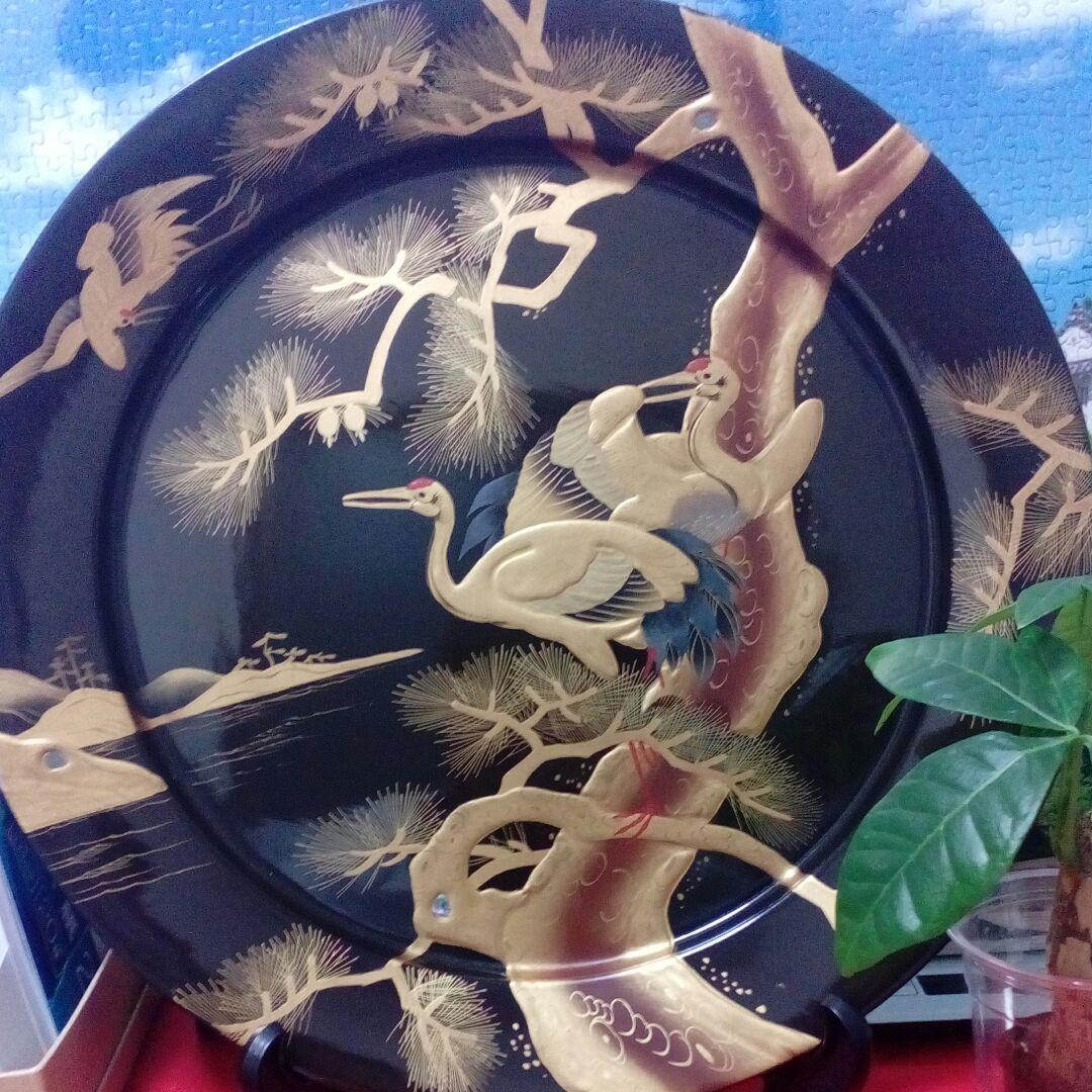 時代本金厚盛蒔絵黒漆塗４３センチサイズ時代木製蒔絵盆縁に傷跡部分有り当時物