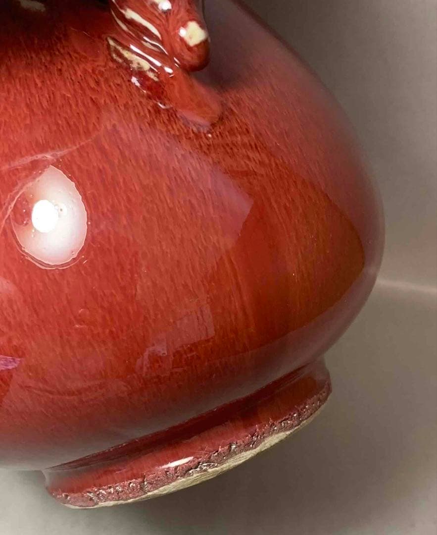 中国 紅釉羊耳付壺　f2250914