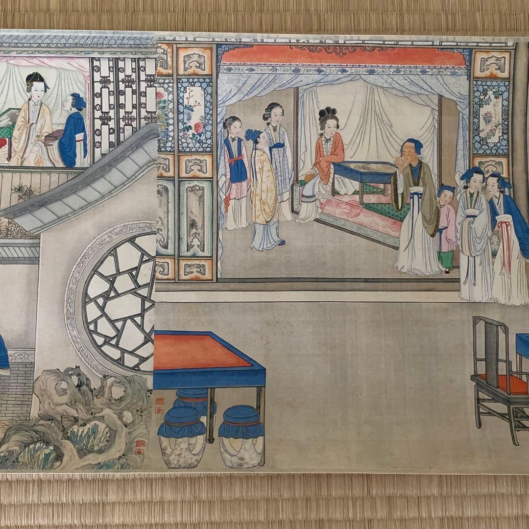 中国絵画 清国時代　名家　孫温（ソン・ウェン）作『紅楼夢』書道絵　国画　巻物絵