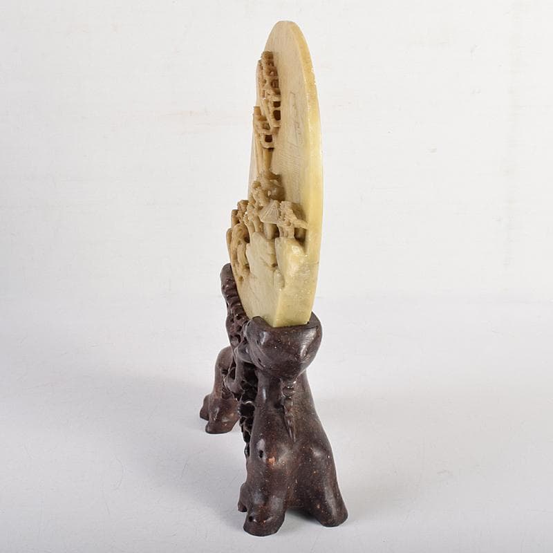 中国　玉石蝋石青田石彫刻　楼閣山水雕　硯屏　置物　V　R8517