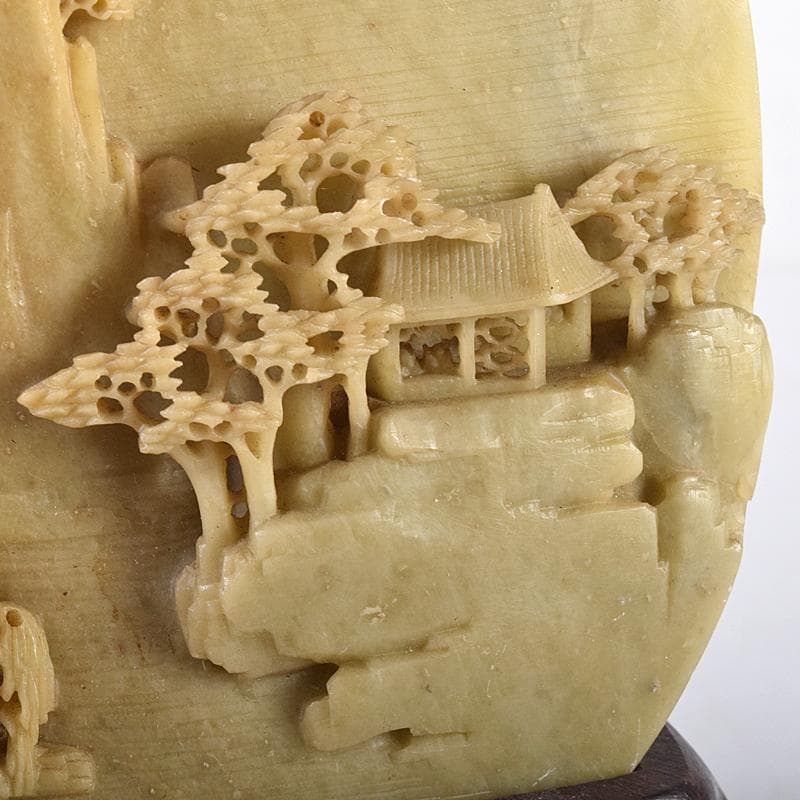 中国　玉石蝋石青田石彫刻　楼閣山水雕　硯屏　置物　V　R8517