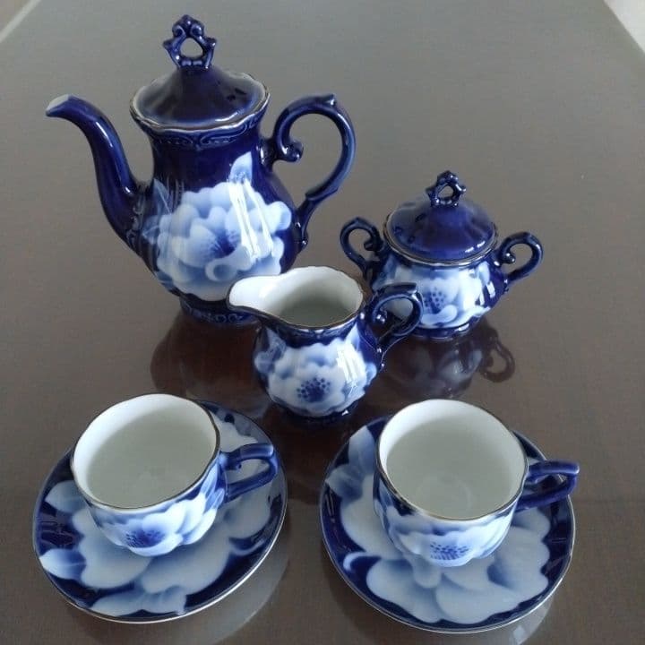 昭和レトロ⭐︎瑠璃色花模様のティーセット5点⭐︎新品未使用⭐︎手描きビンテージ