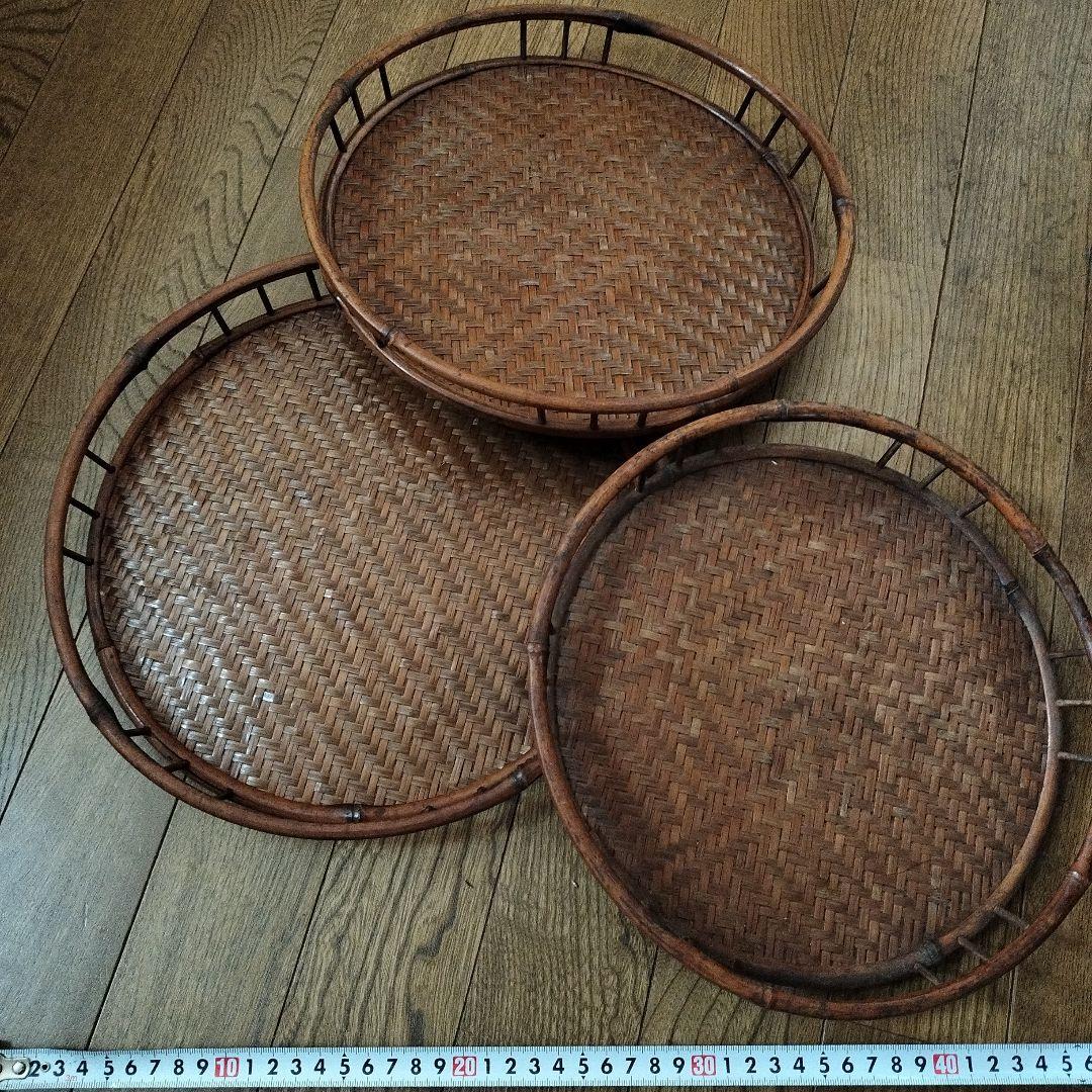昭和 レトロ 煎茶道具 竹節縁 竹編 網代盆 3点セット