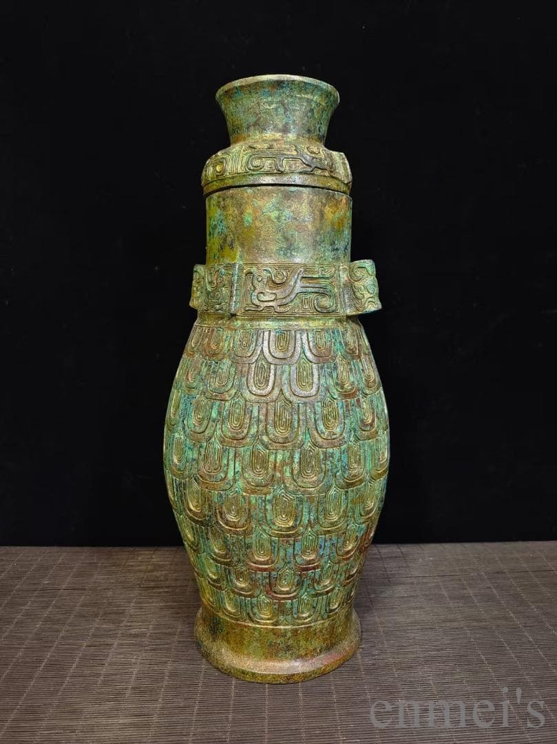 中国古美術 旧蔵 商周款 青銅製 銘文器皿《魚鱗文壺》純銅製 高浮彫 酒器 水壺