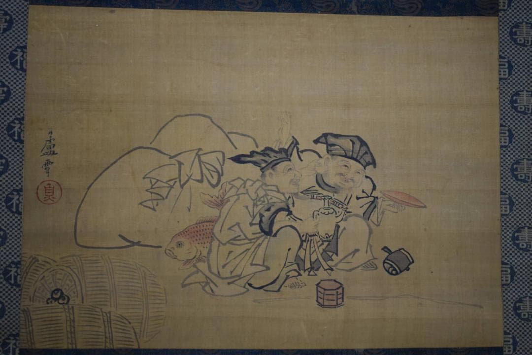 模写/長沢芦雪/酒宴恵比寿大黒図/布袋屋掛軸HE-612