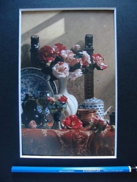 青木 敏郎 【椿・レーマ杯・染付皿】 希少画集画、状態良好、新品高級額装付