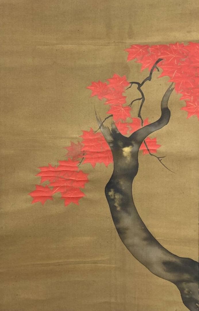 ◆鑑定書付き◆【鑑】大倉好斎 【画】尾形光琳「紅葉鹿図」掛軸 金泥 識箱 二重箱