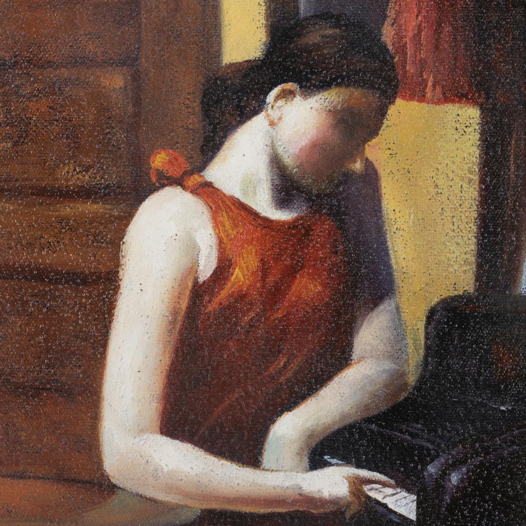 肉筆油絵　模写　木製額装　エドワード・ホッパー　Room in New York