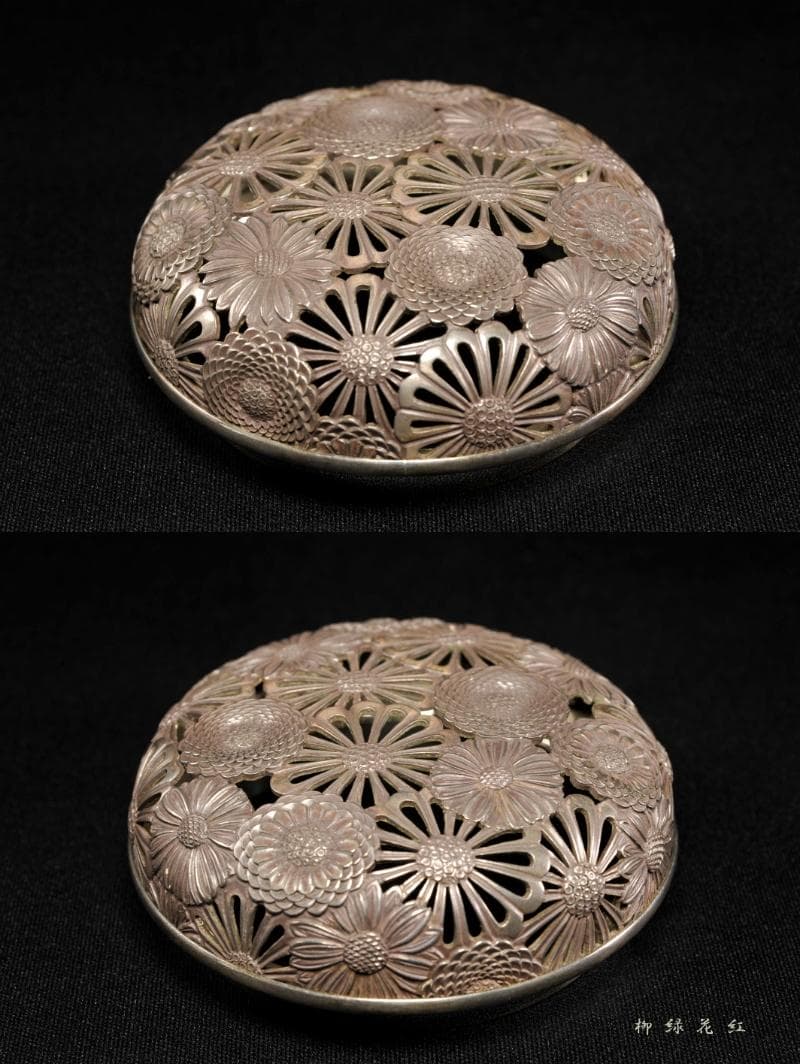 二代 加藤渓山 牙黄磁 香炉 喜寿 共箱 公春銘 菊透銀火屋添