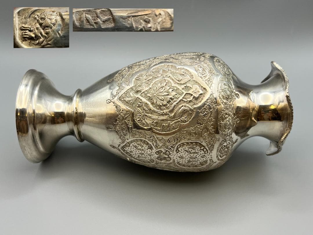 銀製　ライオンマーク　三越　銀花瓶　花入れ　手彫　箱付　銀細工　重量約284g