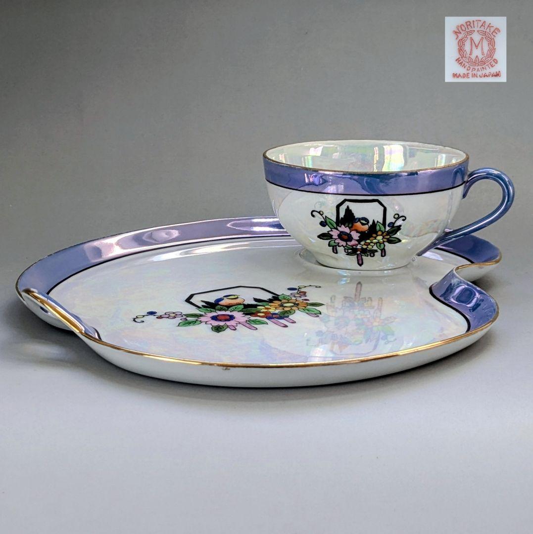 オールドノリタケ アールデコ期 虹ラスター彩 南国鳥と花絵柄の スナックセット